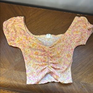 Billabong Pink and Yellow Puff Sleeve Crop Top